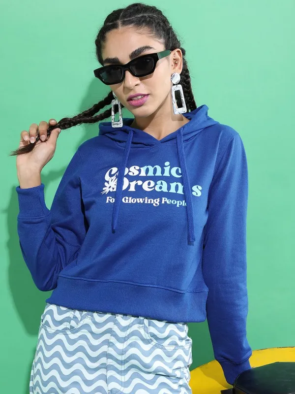  Tokyo Talkies Women Blue Printed Pullover Hood Sweatshirts