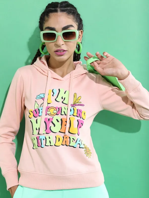  Tokyo Talkies Women Pink Printed Pullover Hood Sweatshirts