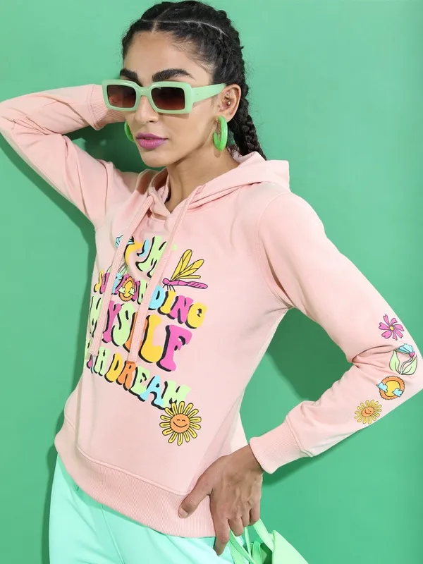  Tokyo Talkies Women Pink Printed Pullover Hood Sweatshirts