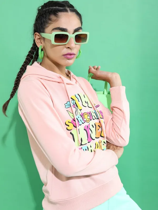  Tokyo Talkies Women Pink Printed Pullover Hood Sweatshirts