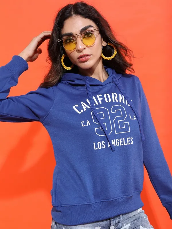  Tokyo Talkies Women Blue Printed Pullover Hood Sweatshirts