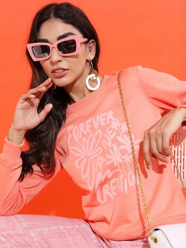  Tokyo Talkies Women Peach Printed Pullover Round Neck Sweatshirts