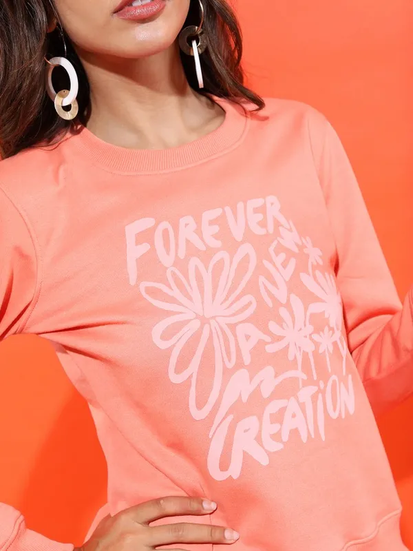  Tokyo Talkies Women Peach Printed Pullover Round Neck Sweatshirts
