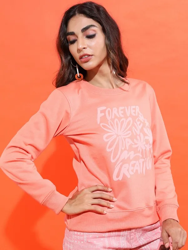  Tokyo Talkies Women Peach Printed Pullover Round Neck Sweatshirts