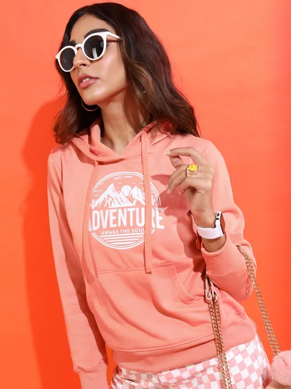  Tokyo Talkies Women Peach Printed Pullover Hood Sweatshirts
