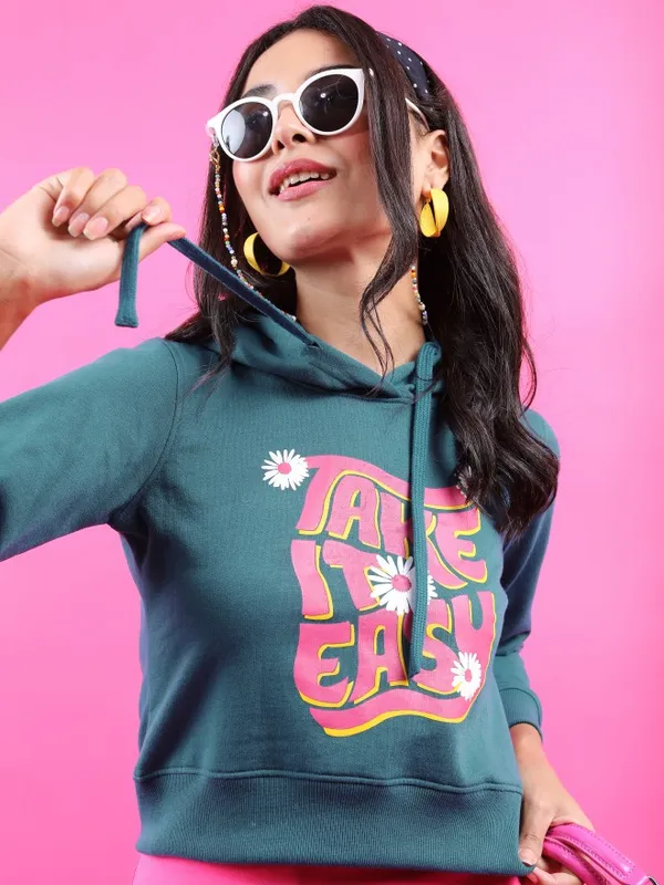  Tokyo Talkies Women Teal Printed Pullover Hood Sweatshirts