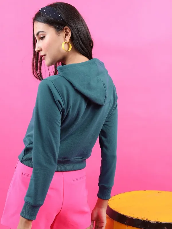  Tokyo Talkies Women Teal Printed Pullover Hood Sweatshirts