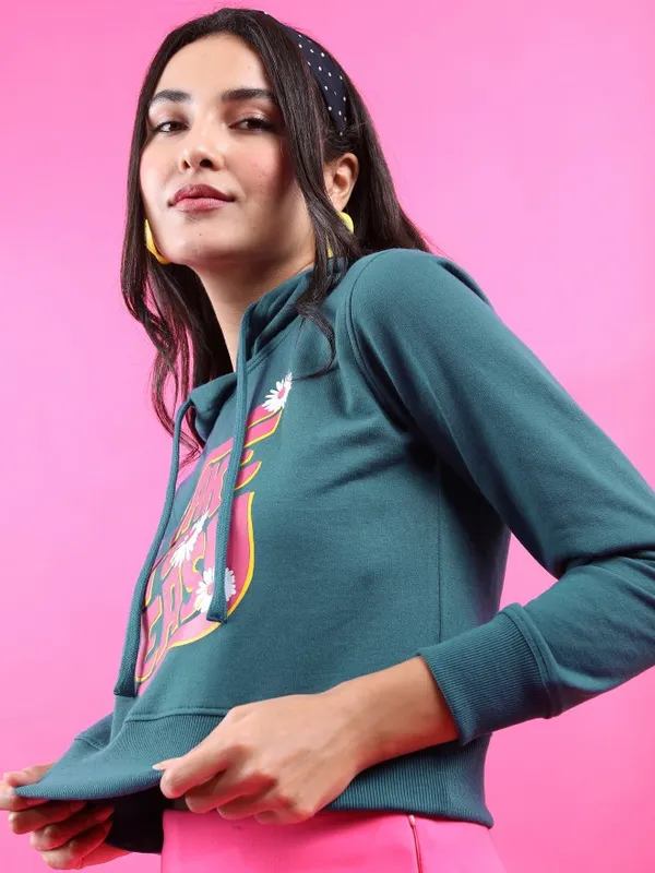  Tokyo Talkies Women Teal Printed Pullover Hood Sweatshirts