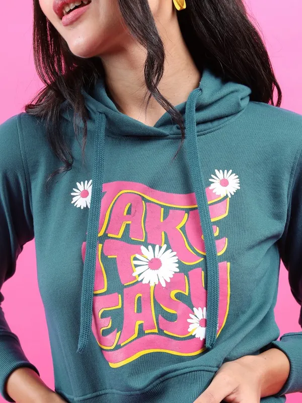  Tokyo Talkies Women Teal Printed Pullover Hood Sweatshirts