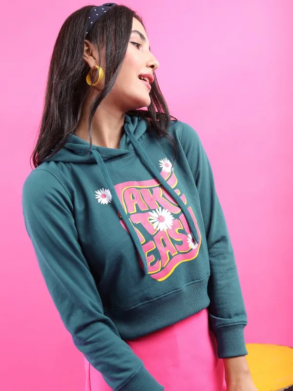  Tokyo Talkies Women Teal Printed Pullover Hood Sweatshirts