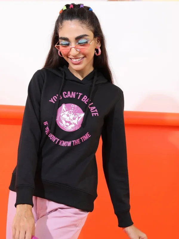  Tokyo Talkies Women Black Printed Pullover Hood Sweatshirts