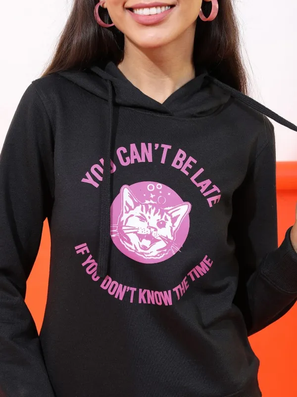  Tokyo Talkies Women Black Printed Pullover Hood Sweatshirts