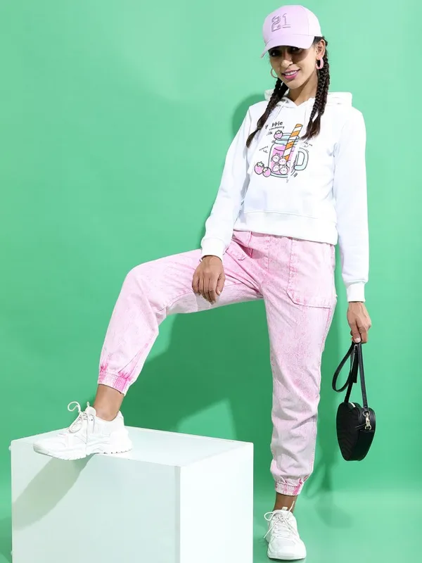  Tokyo Talkies Women White Printed Pullover Hood Sweatshirts