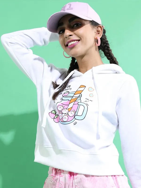  Tokyo Talkies Women White Printed Pullover Hood Sweatshirts