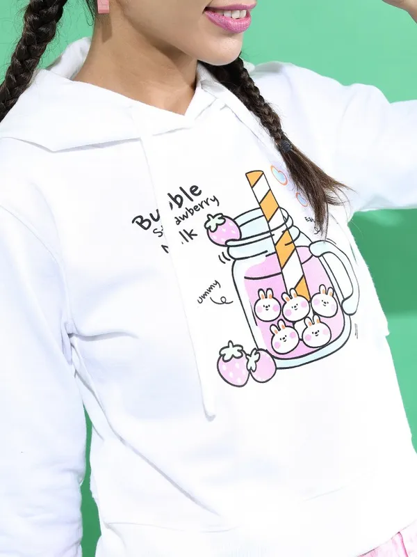  Tokyo Talkies Women White Printed Pullover Hood Sweatshirts