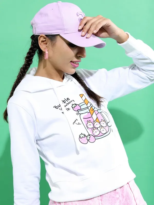  Tokyo Talkies Women White Printed Pullover Hood Sweatshirts