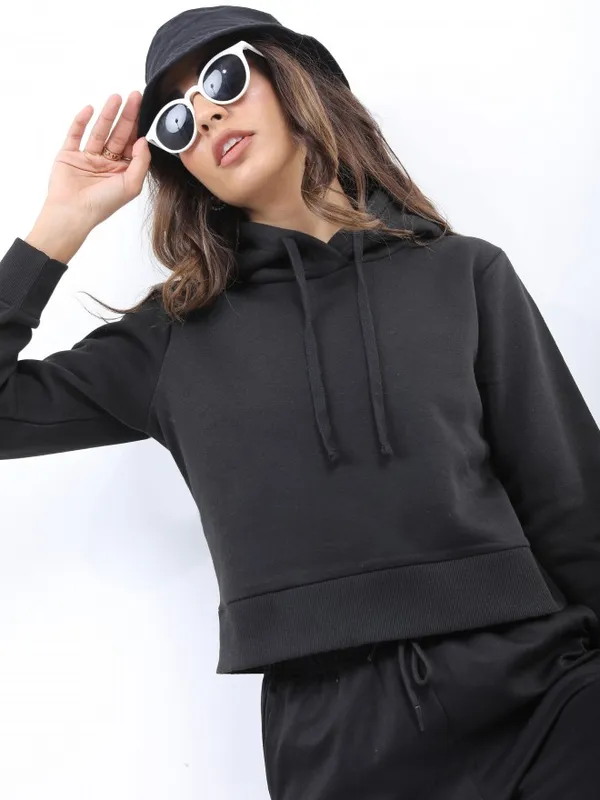  Ketch Women Black Solid Pullover Hood Sweatshirts