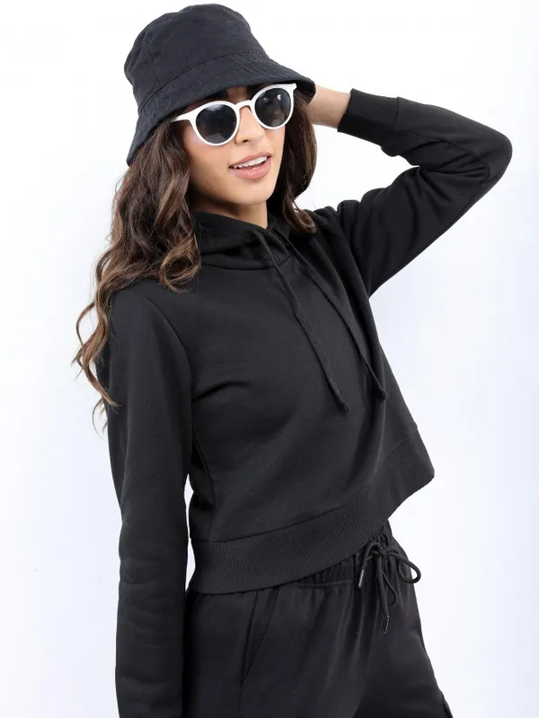  Ketch Women Black Solid Pullover Hood Sweatshirts