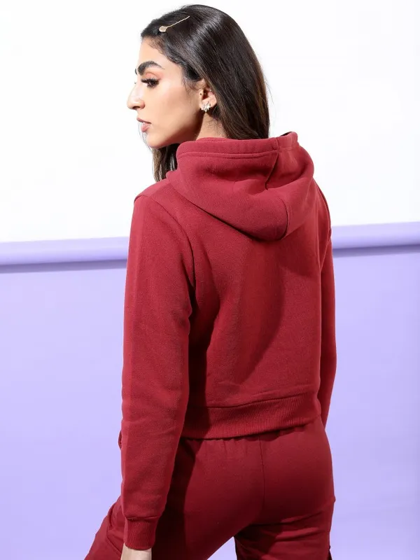  Tokyo Talkies Women Maroon Solid Pullover Hood Sweatshirts