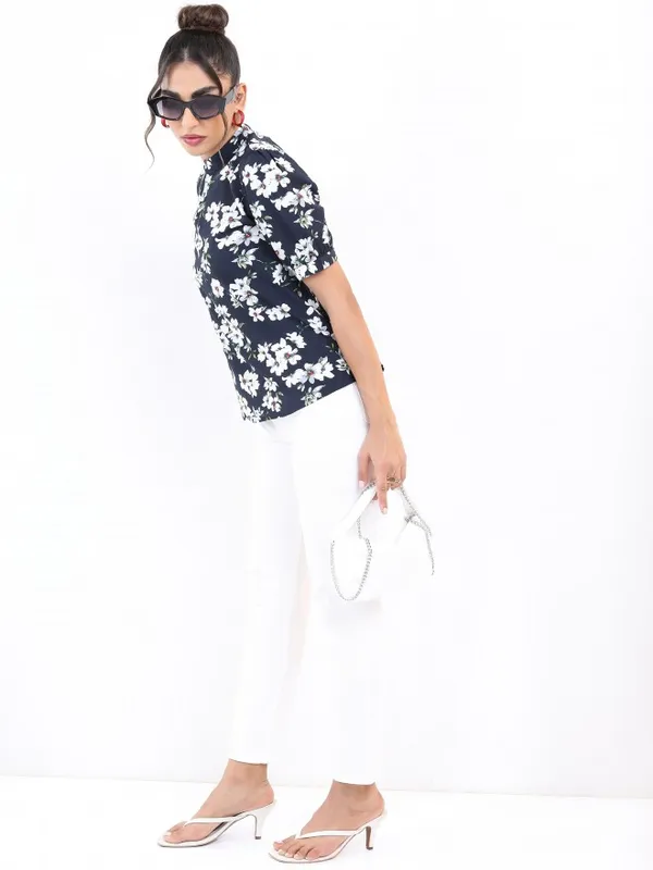  Ketch Women Navy Blue Printed Regular Tops
