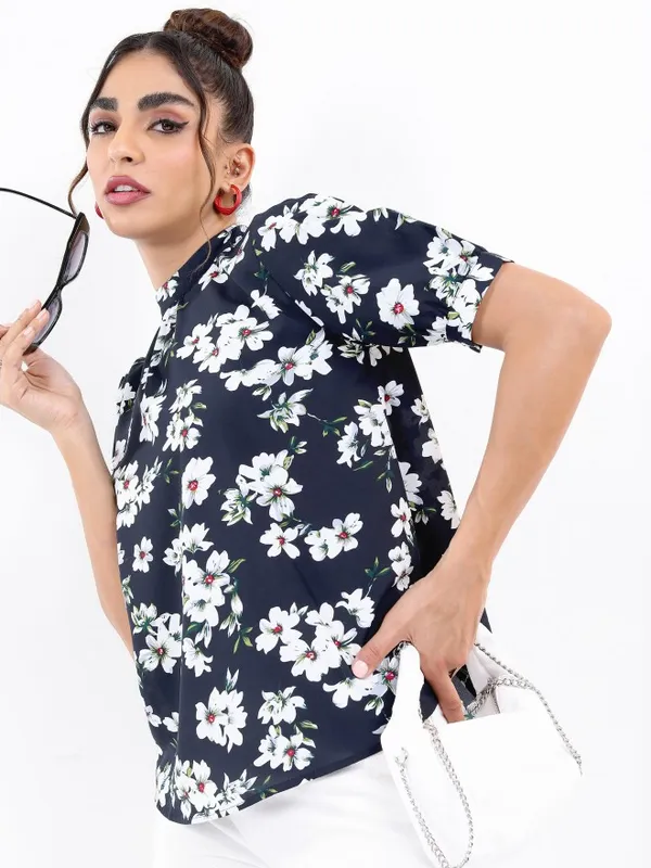  Ketch Women Navy Blue Printed Regular Tops