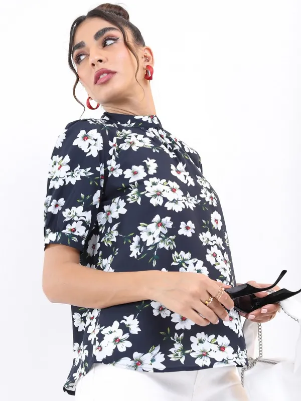  Ketch Women Navy Blue Printed Regular Tops