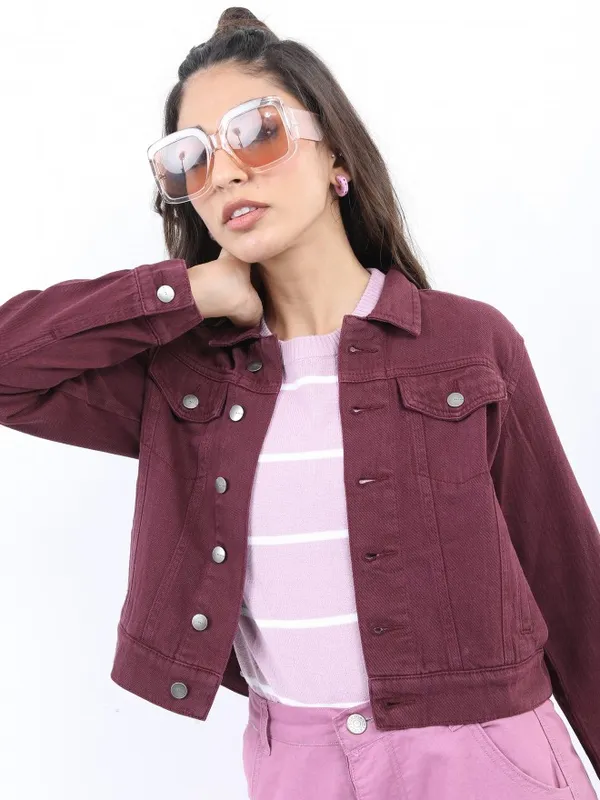  Ketch Women Maroon Denim Jacket Jackets