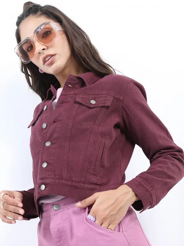  Ketch Women Maroon Denim Jacket Jackets