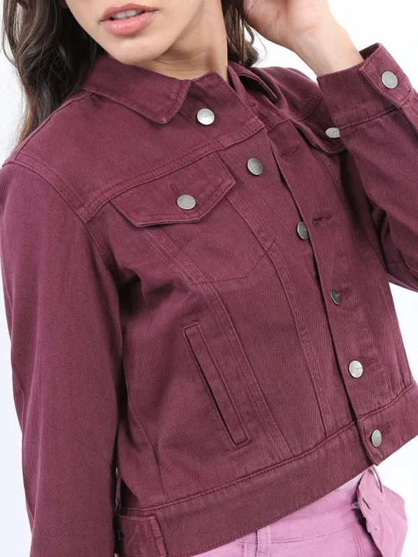  Ketch Women Maroon Denim Jacket Jackets