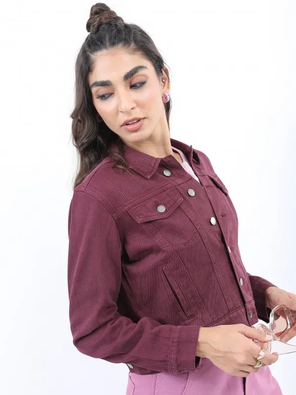  Ketch Women Maroon Denim Jacket Jackets