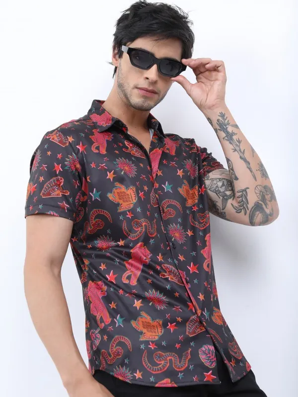  Ketch Men Black Printed Slim Fit Casual Shirts