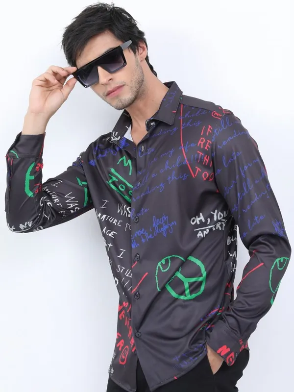  Ketch Men Black Printed Slim Fit Casual Shirts