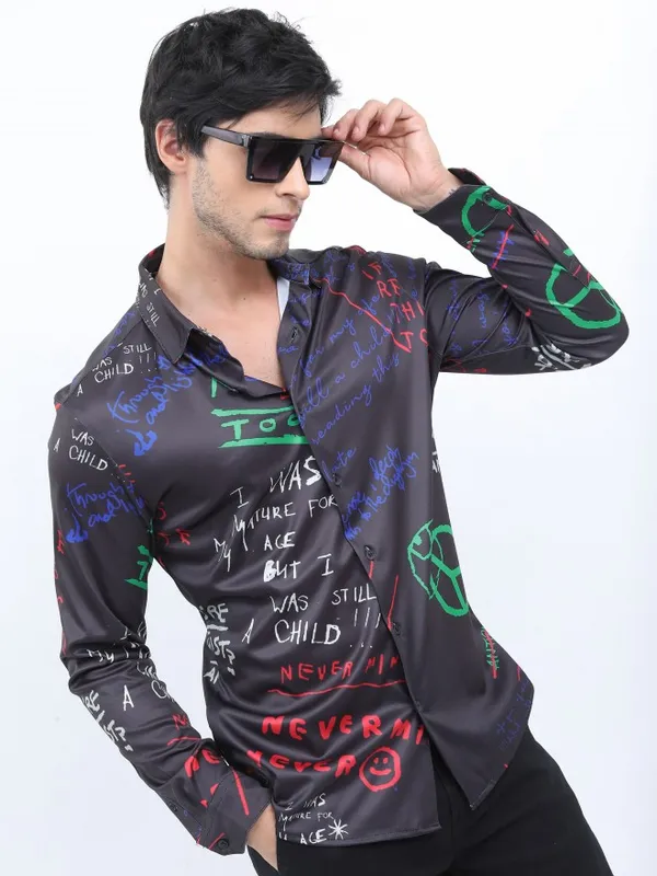  Ketch Men Black Printed Slim Fit Casual Shirts