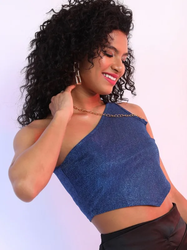 Tokyo Talkies Women Blue Self Design Fitted Top