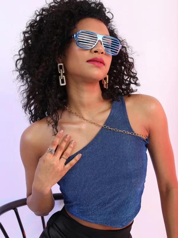 Tokyo Talkies Women Blue Self Design Fitted Top