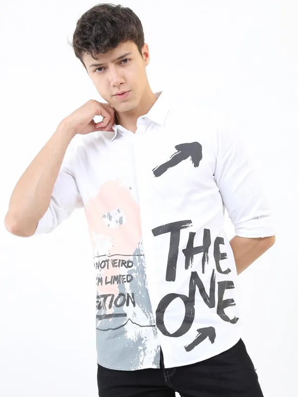  Ketch Men White Printed Slim Fit Casual Shirts
