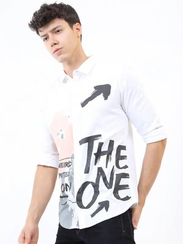  Ketch Men White Printed Slim Fit Casual Shirts