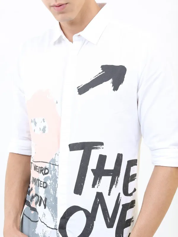  Ketch Men White Printed Slim Fit Casual Shirts