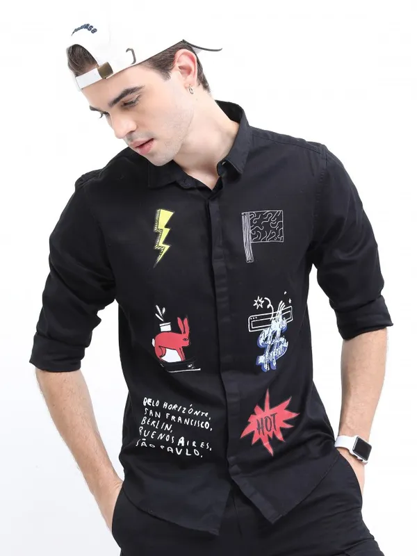  Ketch Men Black Printed Slim Fit Casual Shirts