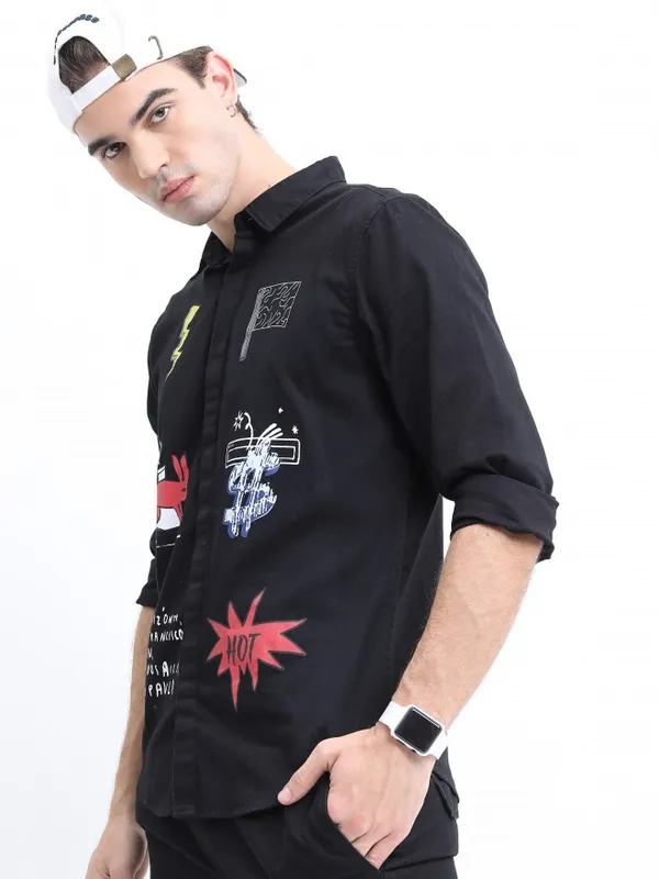  Ketch Men Black Printed Slim Fit Casual Shirts