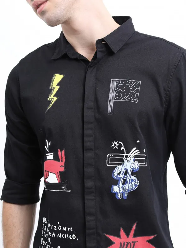  Ketch Men Black Printed Slim Fit Casual Shirts