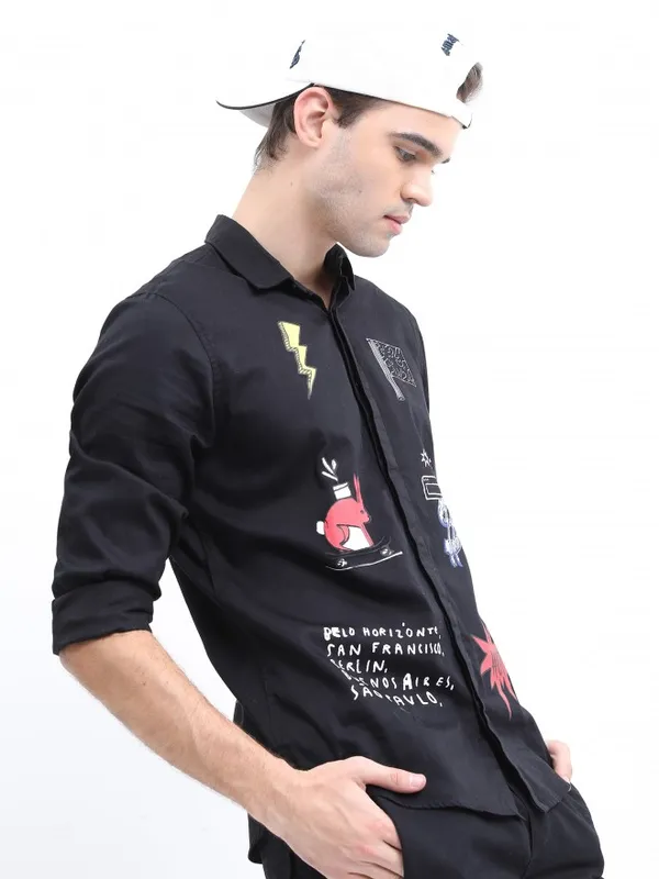  Ketch Men Black Printed Slim Fit Casual Shirts