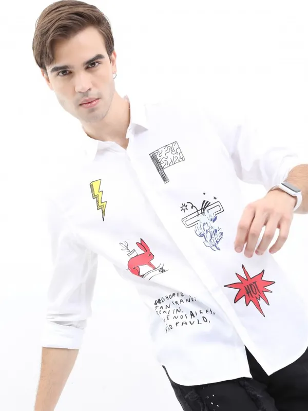  Ketch Men White Printed Slim Fit Casual Shirts