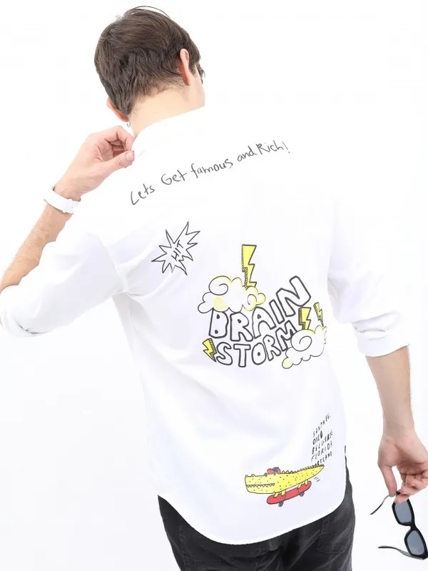  Ketch Men White Printed Slim Fit Casual Shirts