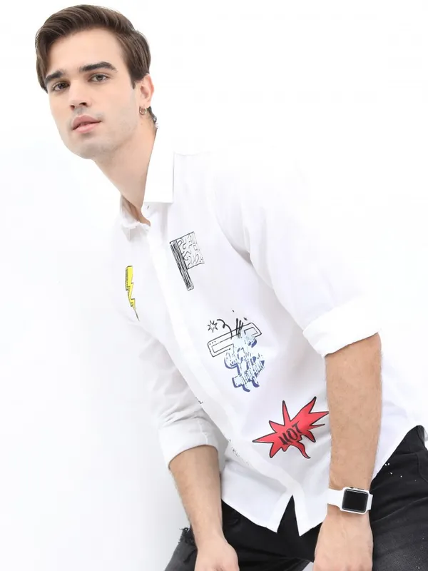  Ketch Men White Printed Slim Fit Casual Shirts