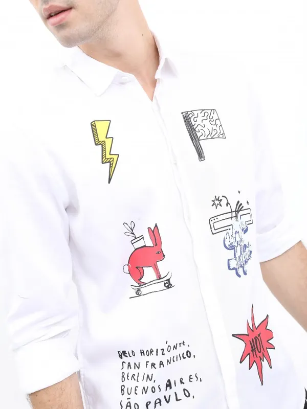  Ketch Men White Printed Slim Fit Casual Shirts