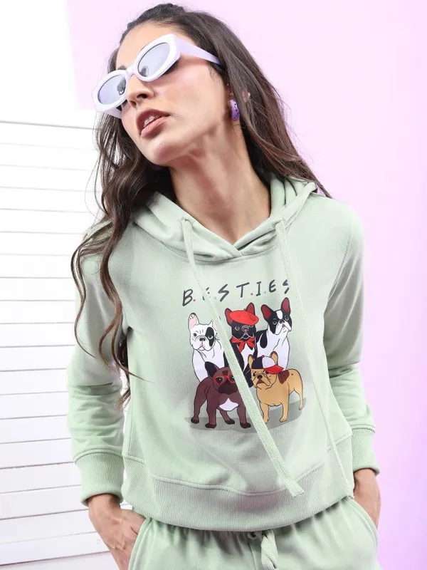 Tokyo Talkies Women Sage Printed Pullover Hood Sweatshirts