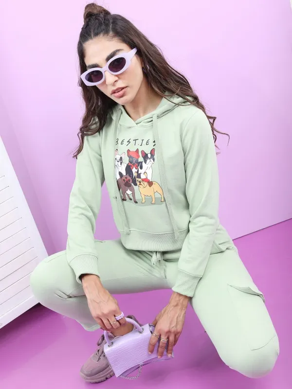  Tokyo Talkies Women Sage Printed Pullover Hood Sweatshirts