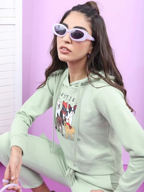  Tokyo Talkies Women Sage Printed Pullover Hood Sweatshirts