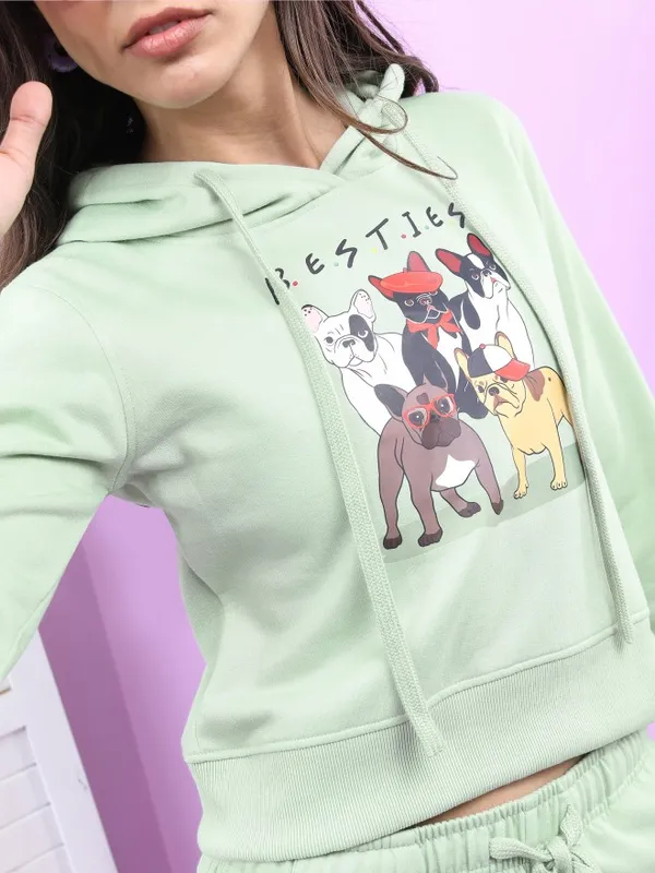  Tokyo Talkies Women Sage Printed Pullover Hood Sweatshirts